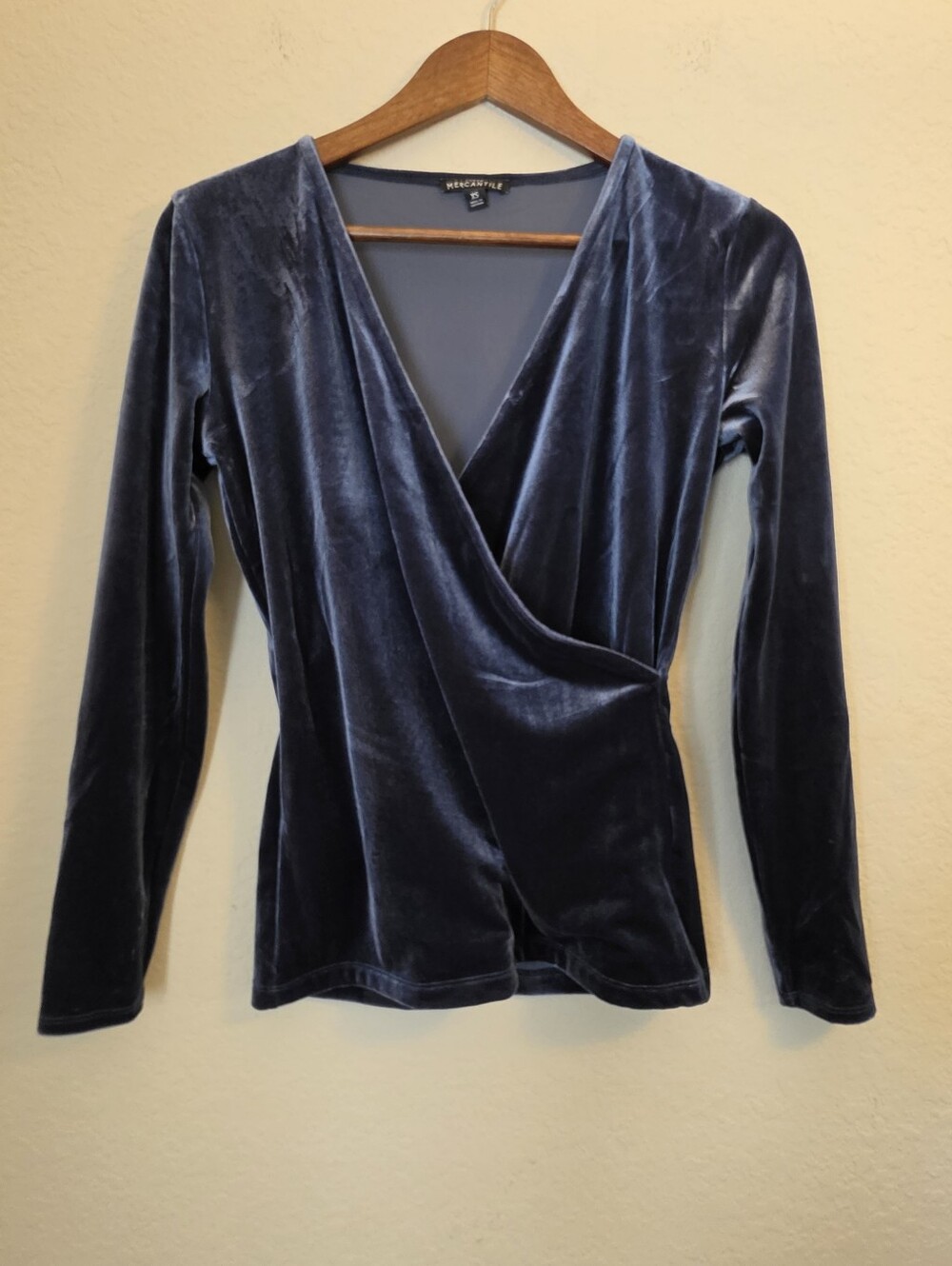 J. Crew Mercantile Crushed Velvet Top Womens Sz XS Slate Blue Shimmer Faux Wrap